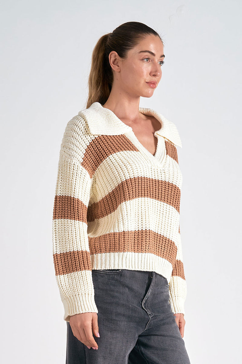 Striped Oversized Vneck Sweater, Camel/White