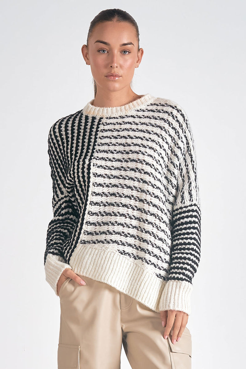 Striped Asym Hem Sweater, Black/White