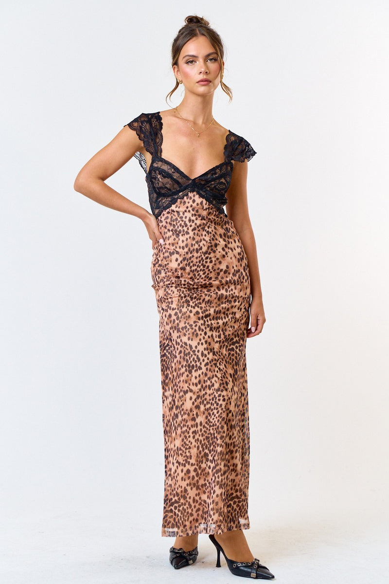 Mesh Leopard Lace Detail Side Slit Maxi Dress