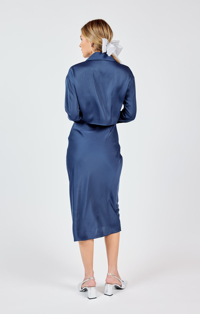 Last Night Shirt Open Back Midi Dress, Navy