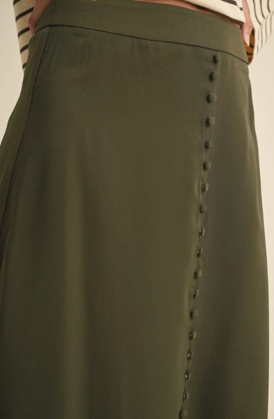 Button Detail Satin Skirt, Olive