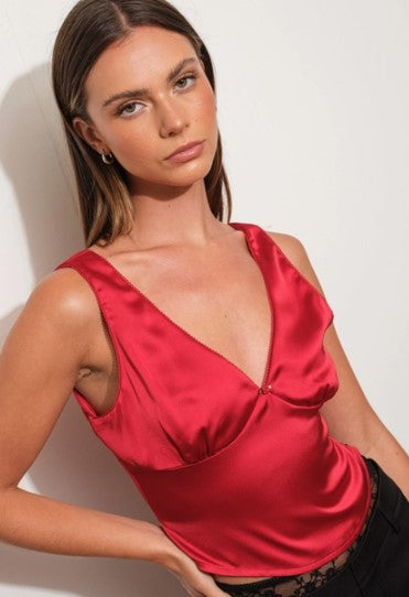 Rose Trim Satin Top, Red