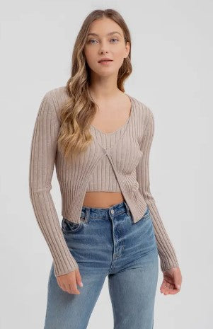 Long Sleeve Twofer Ribbed Knit Top, Taupe