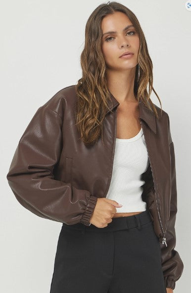 Leather Zip Up Jacket, Brown