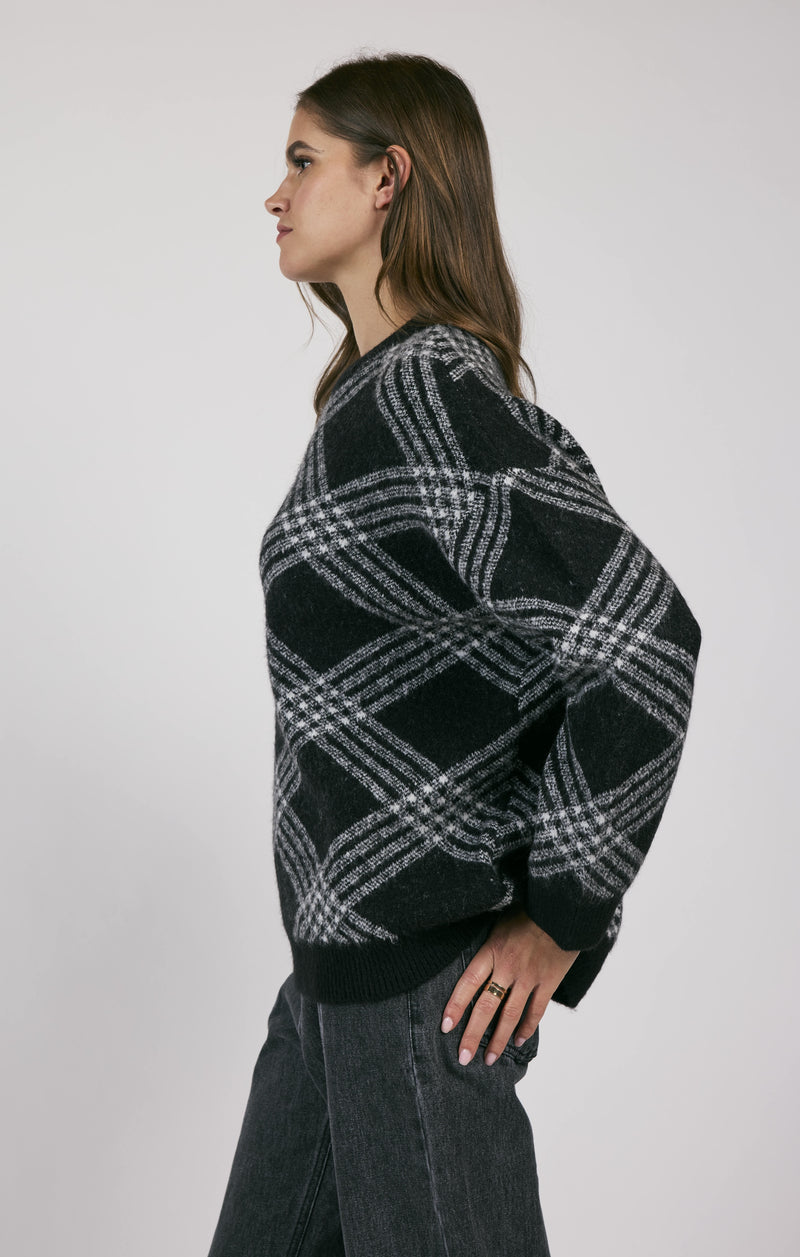 Brooke Plaid Print Sweater, Black/White