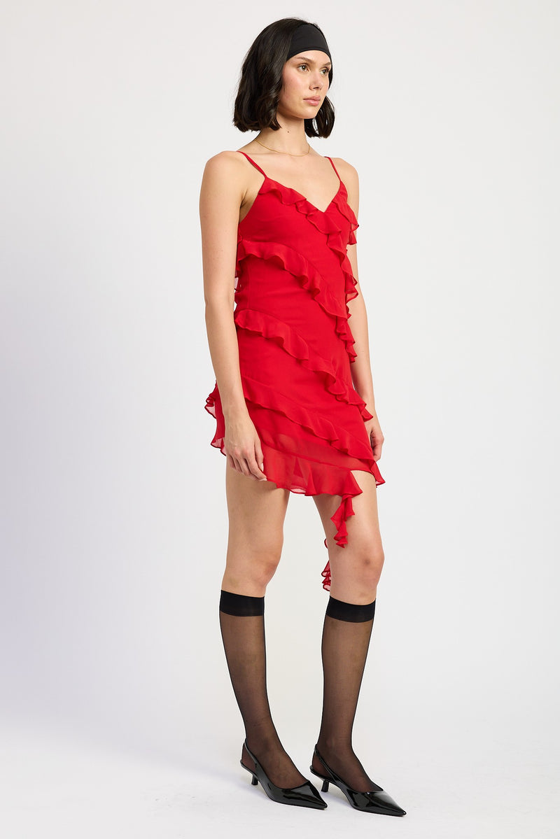 Sleeveless Ruffle Mini Dress, Red