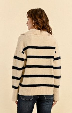 Striped Vneck Sweater, Off White