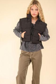 Cropped Puffer Vest with Bow Ties, Black