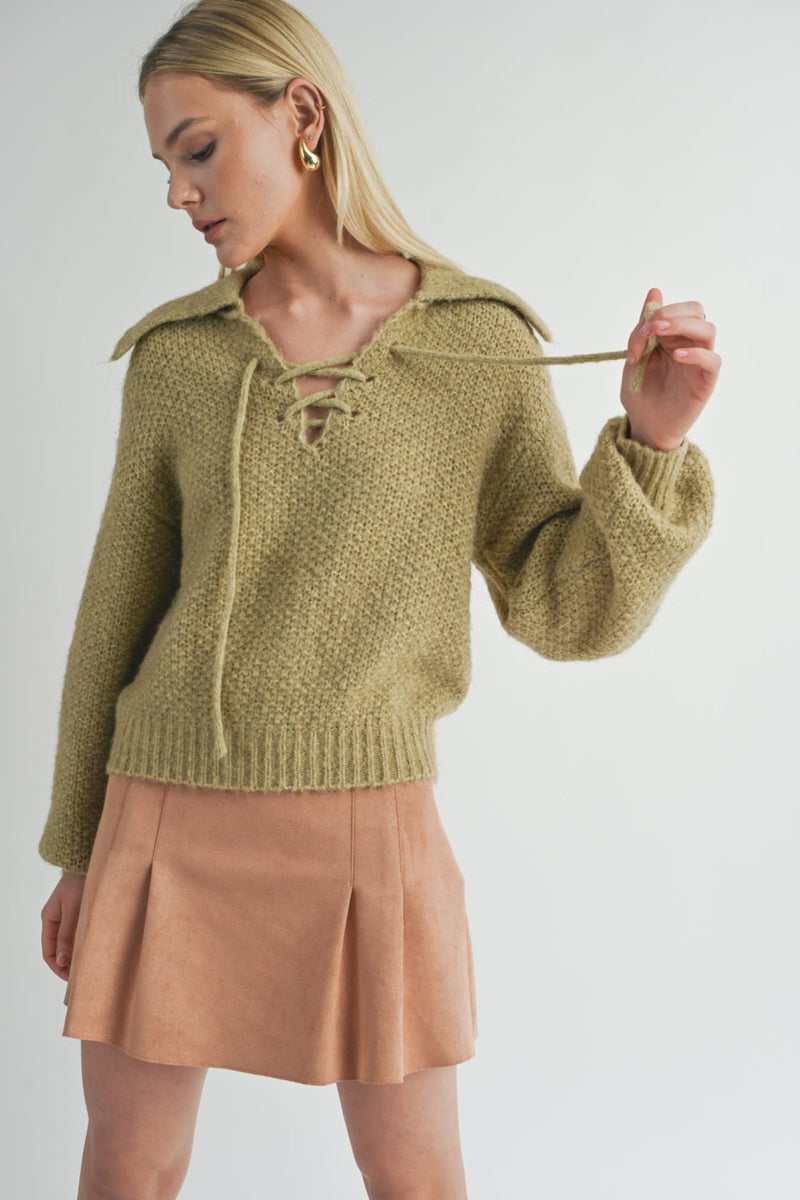 Sophia Lace up V-Neck Sweater, Sage