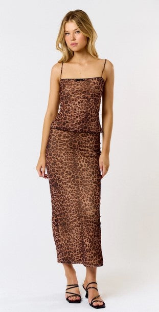 Leopard Mesh Maxi Skirt, Brown