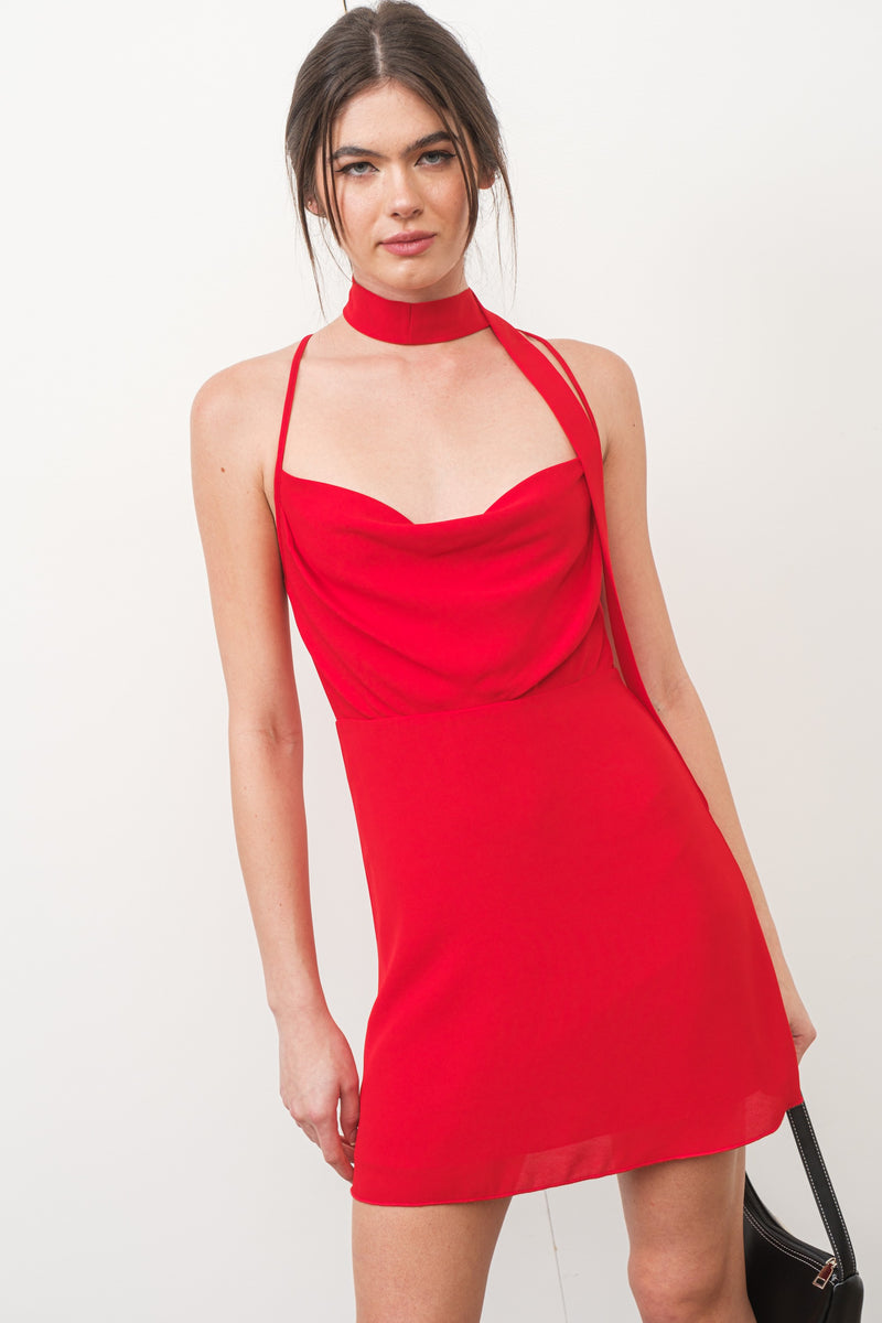 Open Back Mini Dress With Skinny Scarf, Red