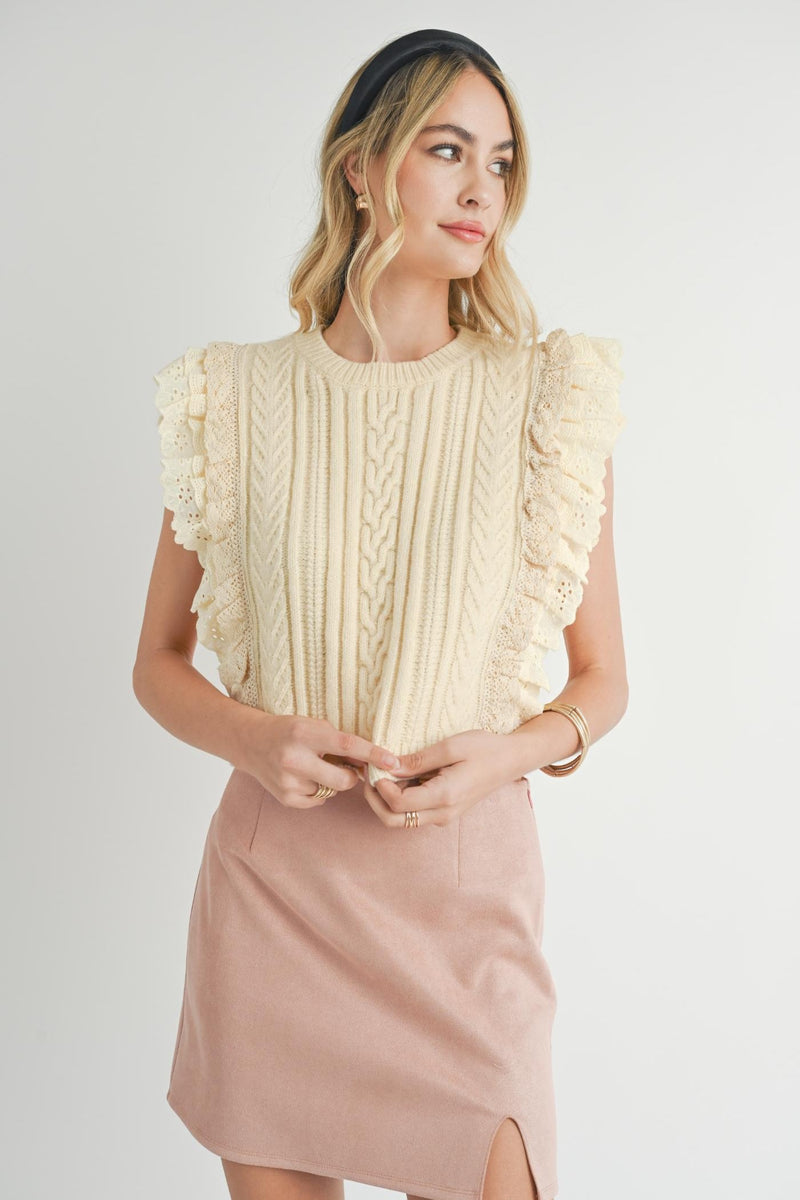 Vicki Lace Ruffles Sweater Tank, Cream