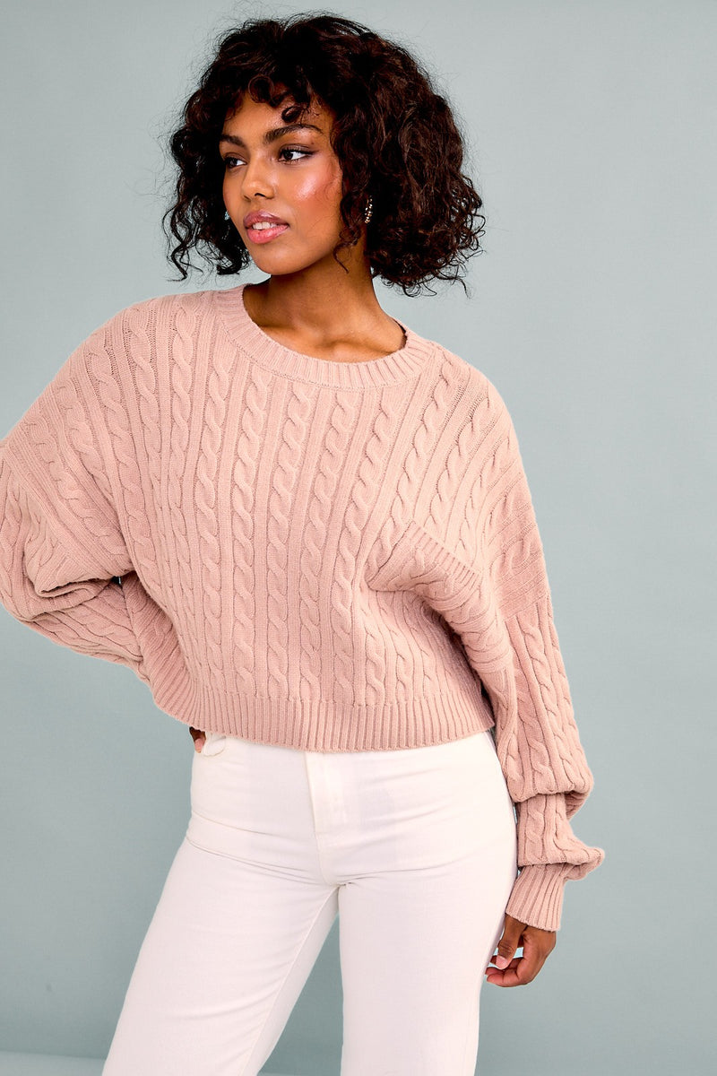 Long Sleeve Pocket Cable Knit Sweater, Taupe