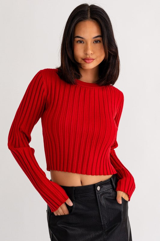 Long Sleeve Open Back Ribbed Knit Top, Red