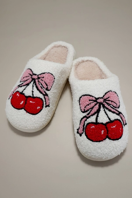 Soft Plush Slippers, Bow Cherry