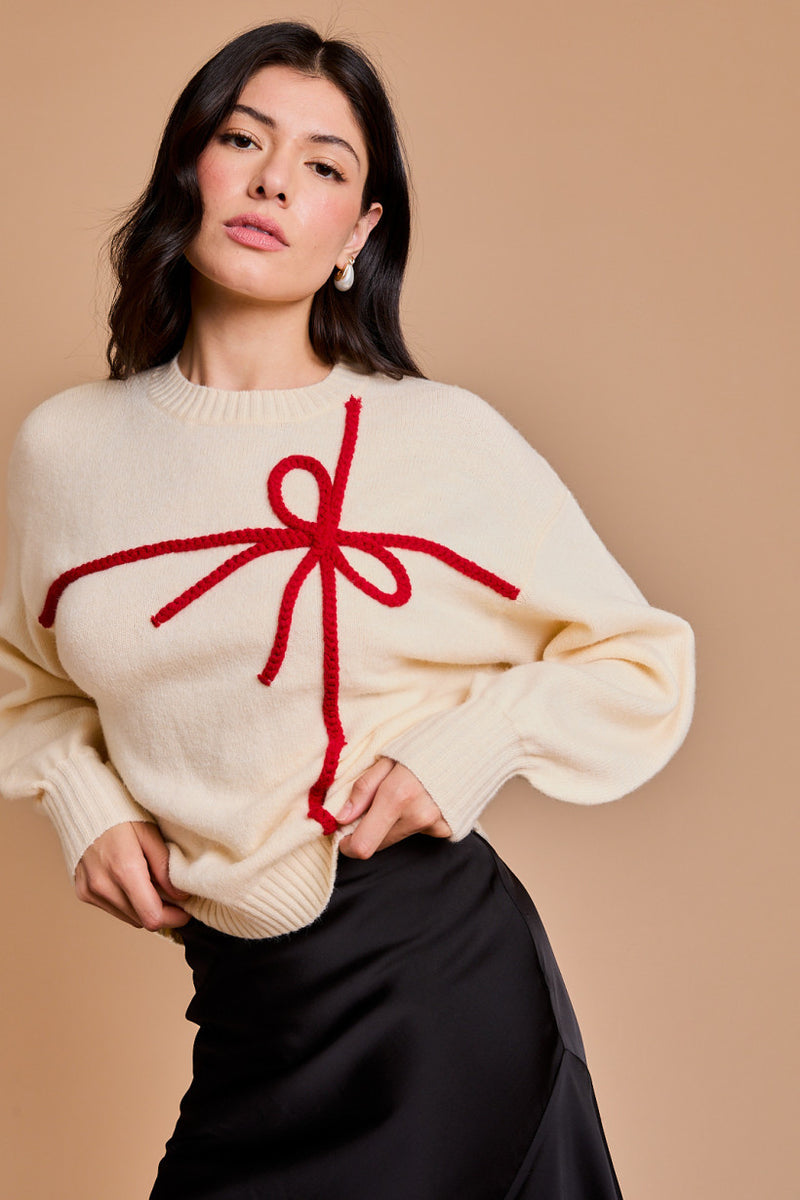 Bow Pullover Sweater, Cream