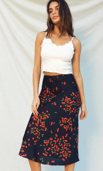 A Line Cherry Satin Midi Skirt, Cherry Black