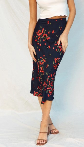 A Line Cherry Satin Midi Skirt, Cherry Black