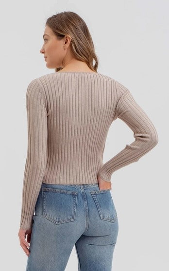 Long Sleeve Twofer Ribbed Knit Top, Taupe