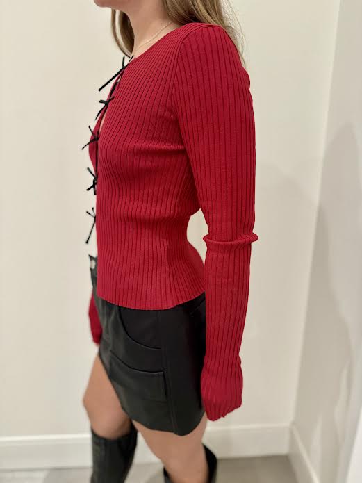 Long Sleeve Bow Detail Knit Top, Ruby