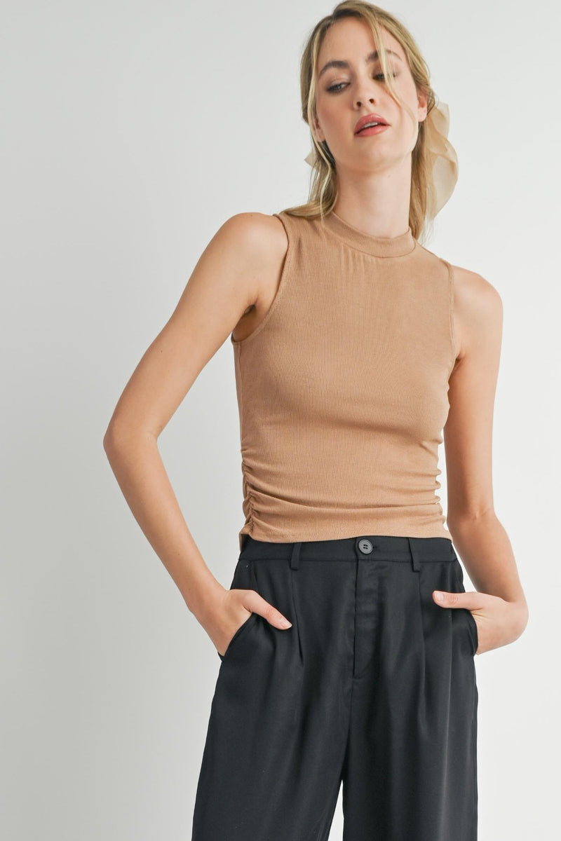 Mock Neck Ruched Knit Top, Dark Taupe