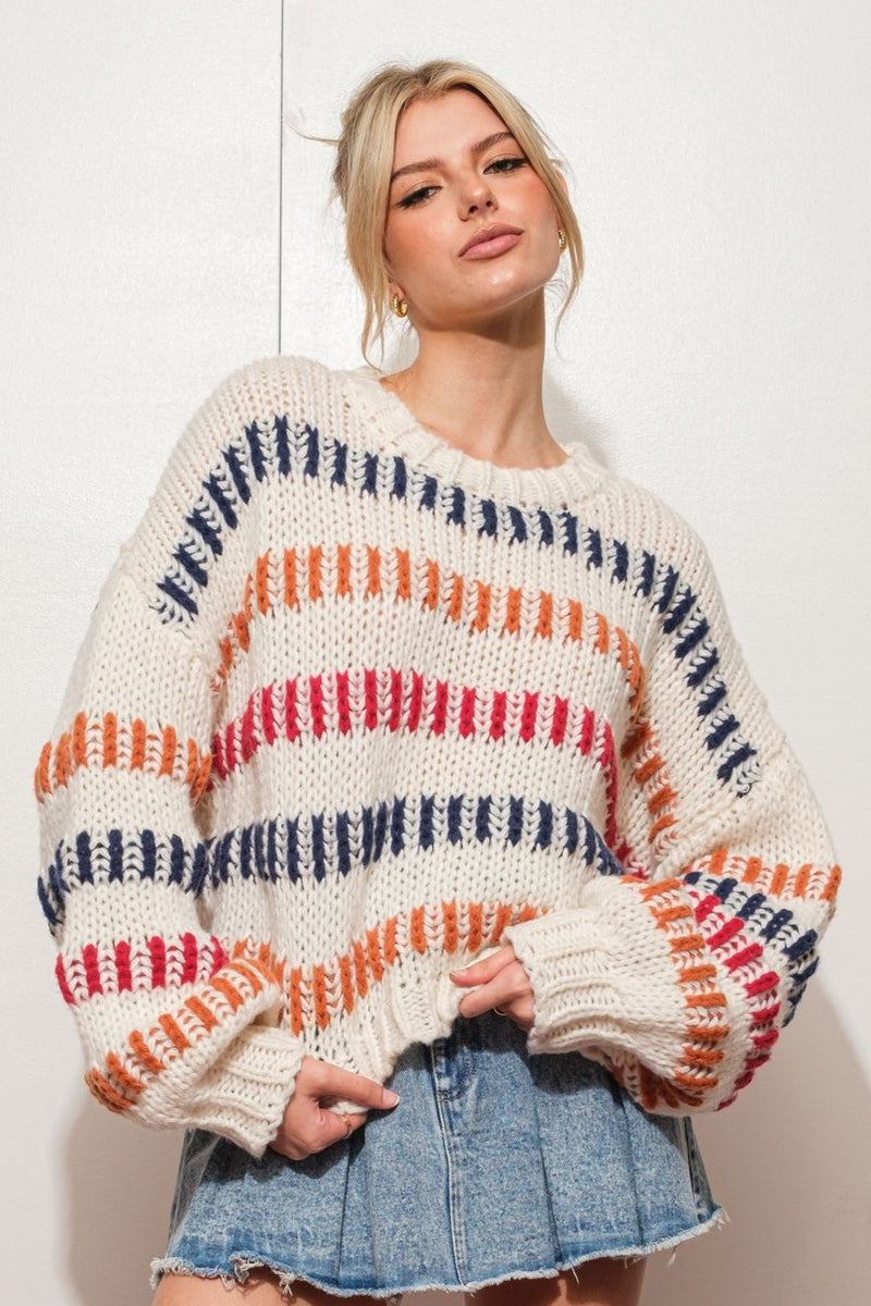 Striped Knit Sweater, Ivory/Multi