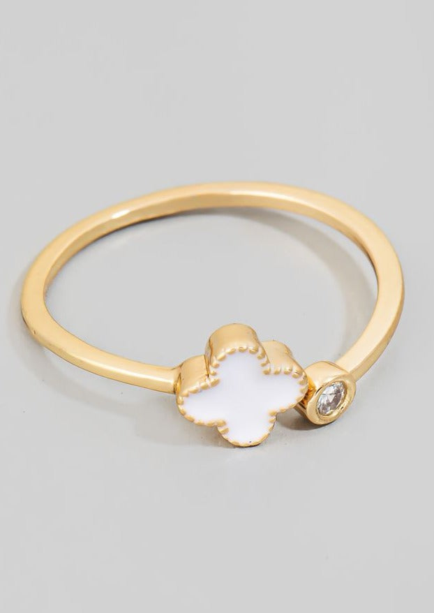 CZ Stud And Clover Open Ring, Gold/White