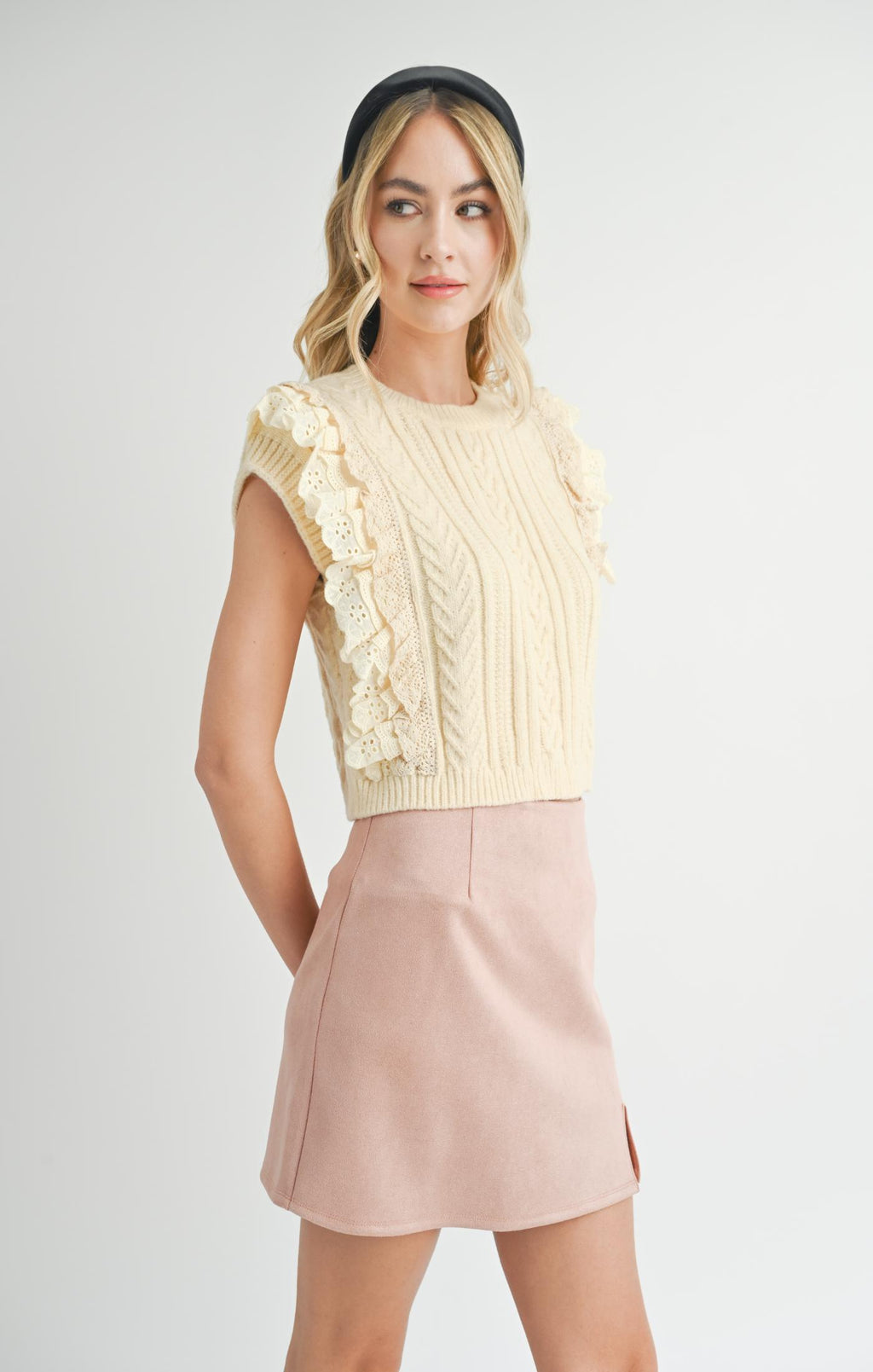 Vicki Lace Ruffles Sweater Tank, Cream