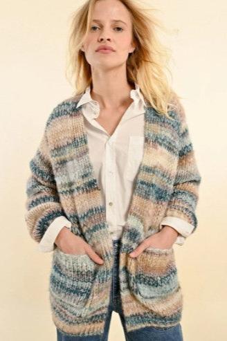 Striped Cardigan with Pockets, Duck Blue