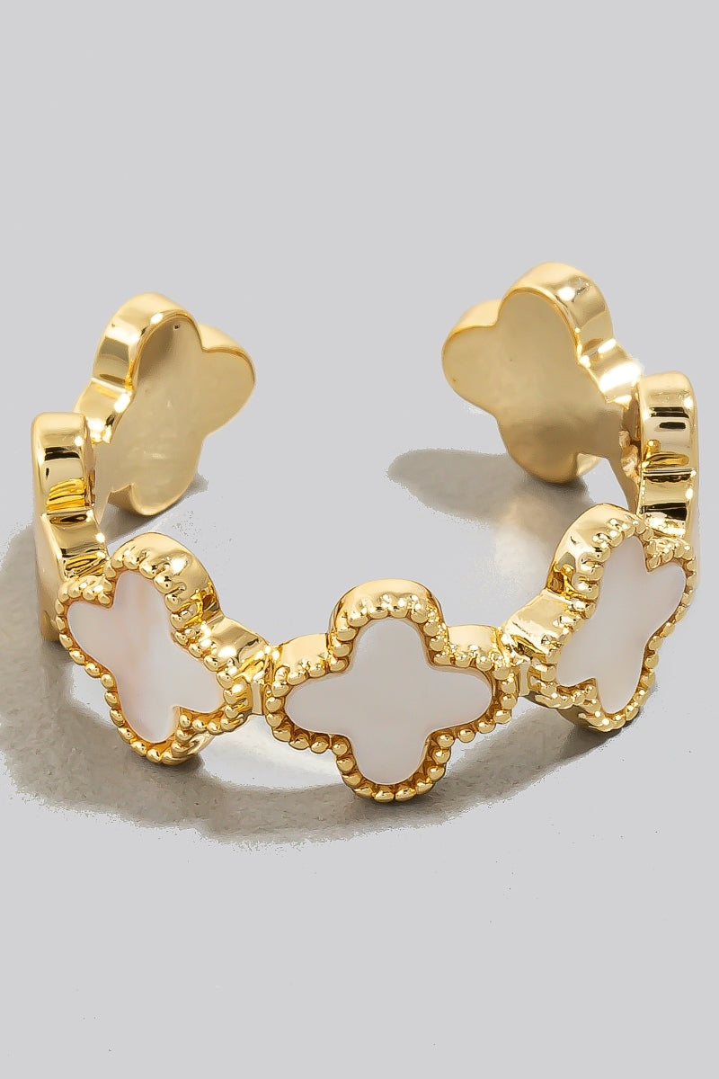 Shell Clover Open Band Ring, White/Gold