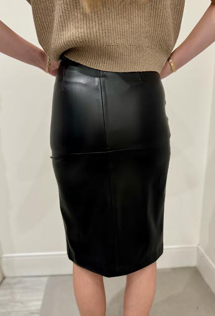 Side Slit Leather Midi Skirt, Black