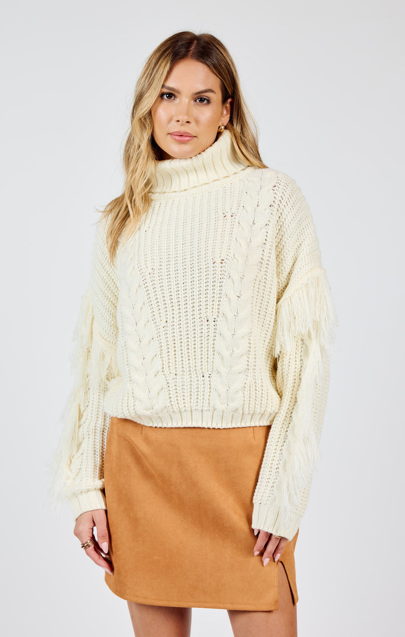 Carter Fringe Sleeve Turtleneck Sweater, Ivory