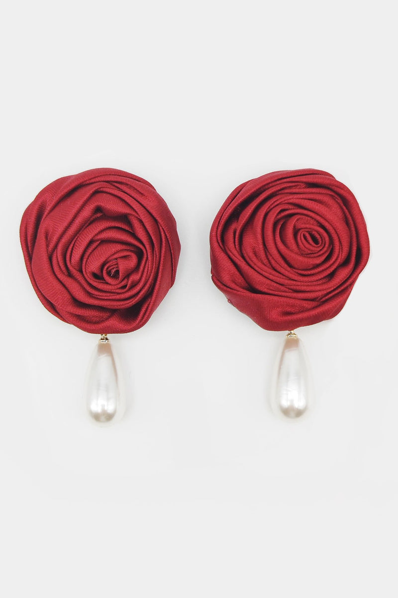 Rosette Pearl Drop Earrings, Red