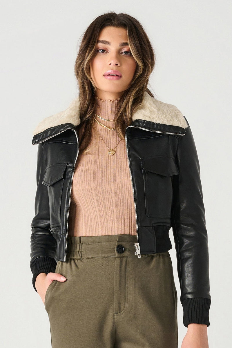 Plush Collar Faux Leather Jacket, Black