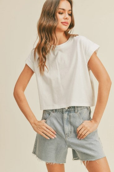 Short Sleeve Cuff Knit Top, White