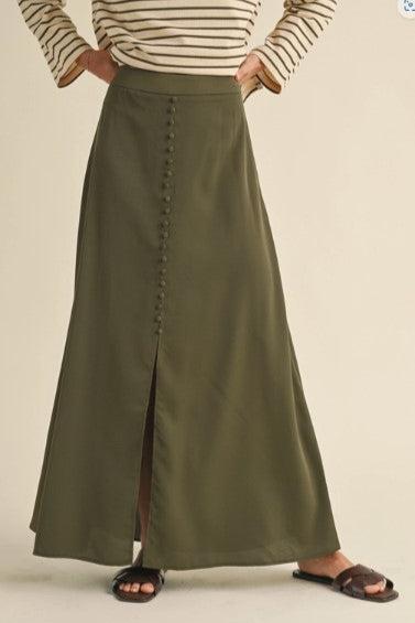 Button Detail Satin Skirt, Olive