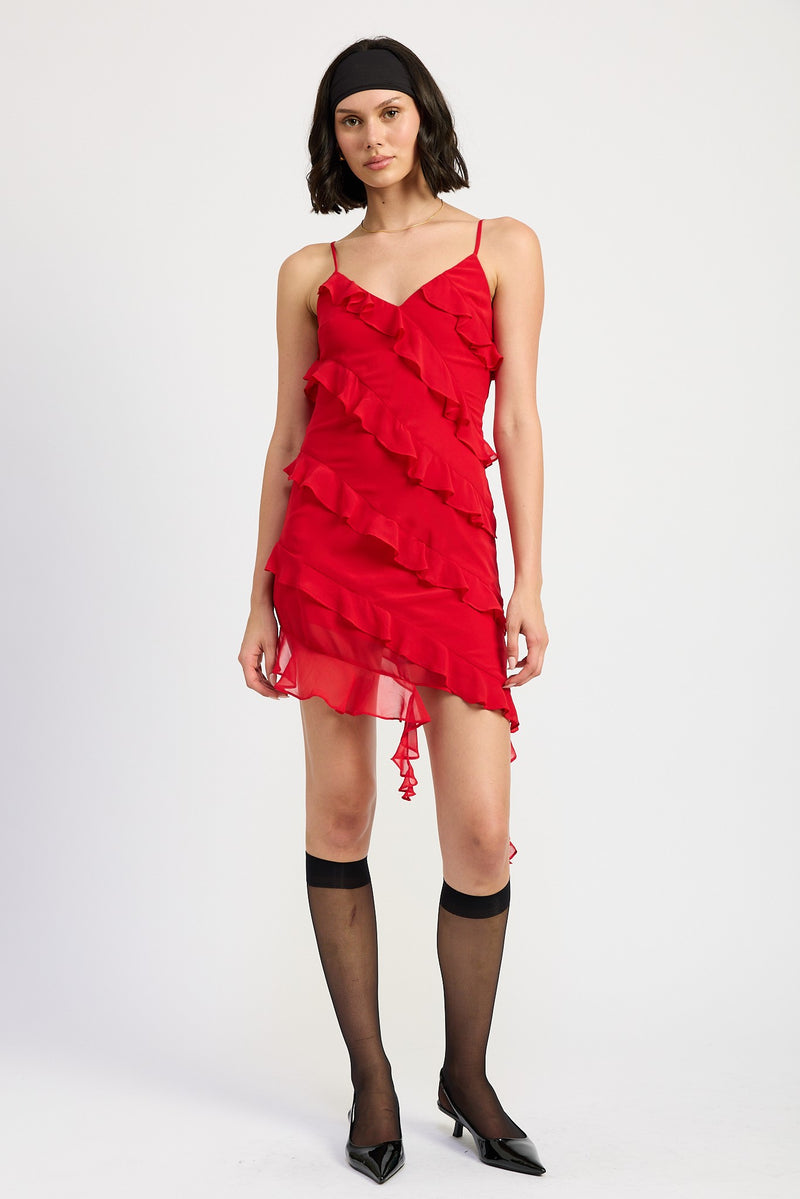 Sleeveless Ruffle Mini Dress, Red