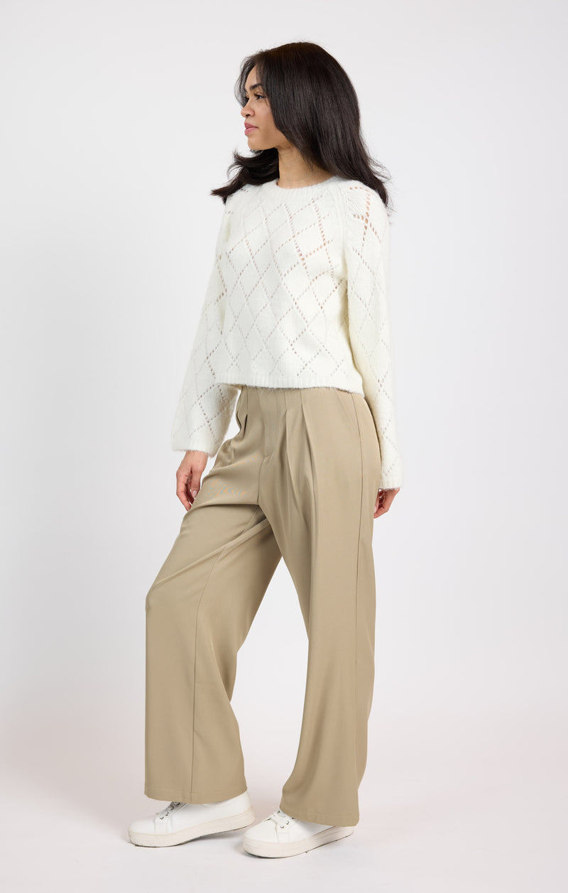 Selena Diamond Pointelle Sweater, Ivory