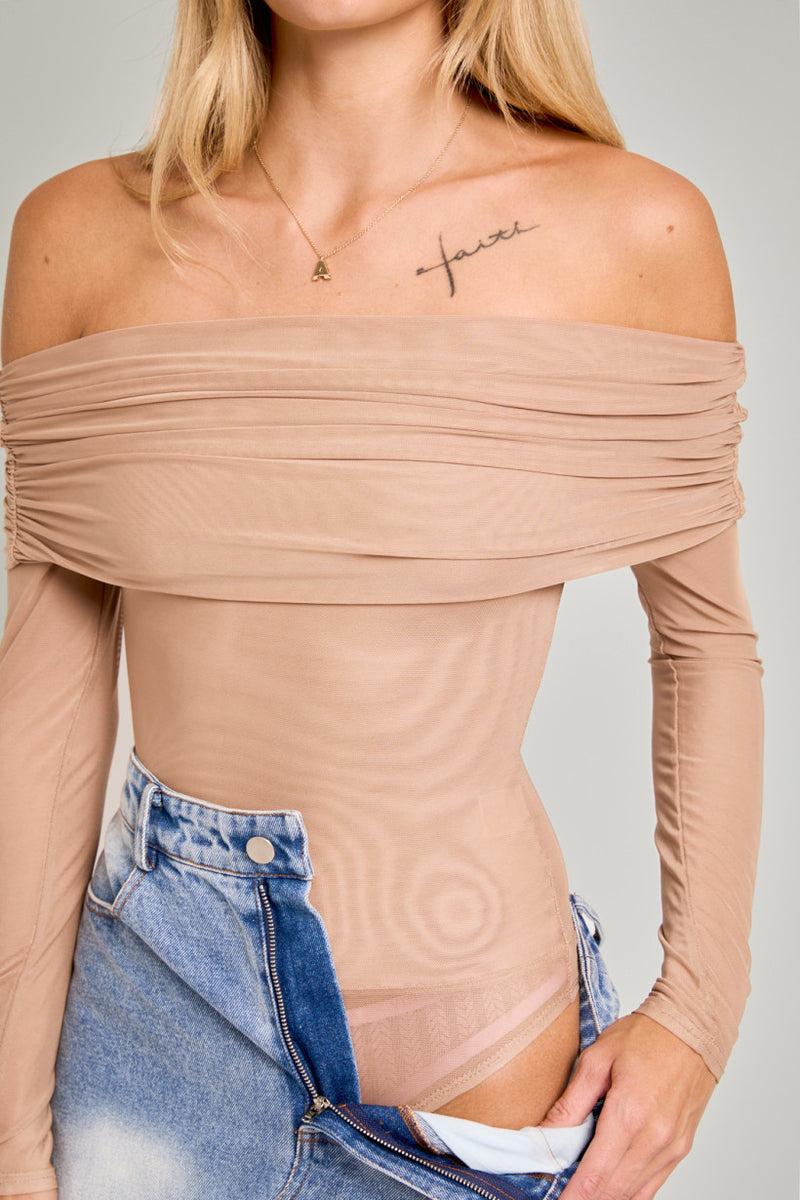 Off Shoulder Mesh Bodysuit, Taupe