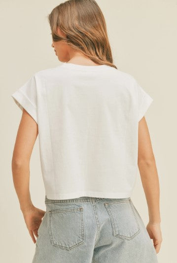 Short Sleeve Cuff Knit Top, White