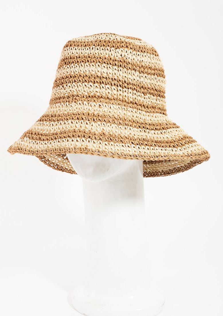 Striped Straw Bucket Hat, Ivory/Tan