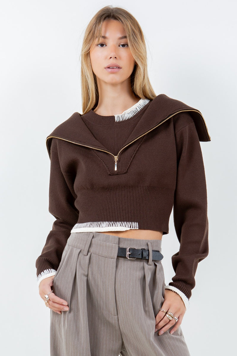 Double Layer Contrast Zip Up Sweater, Brown