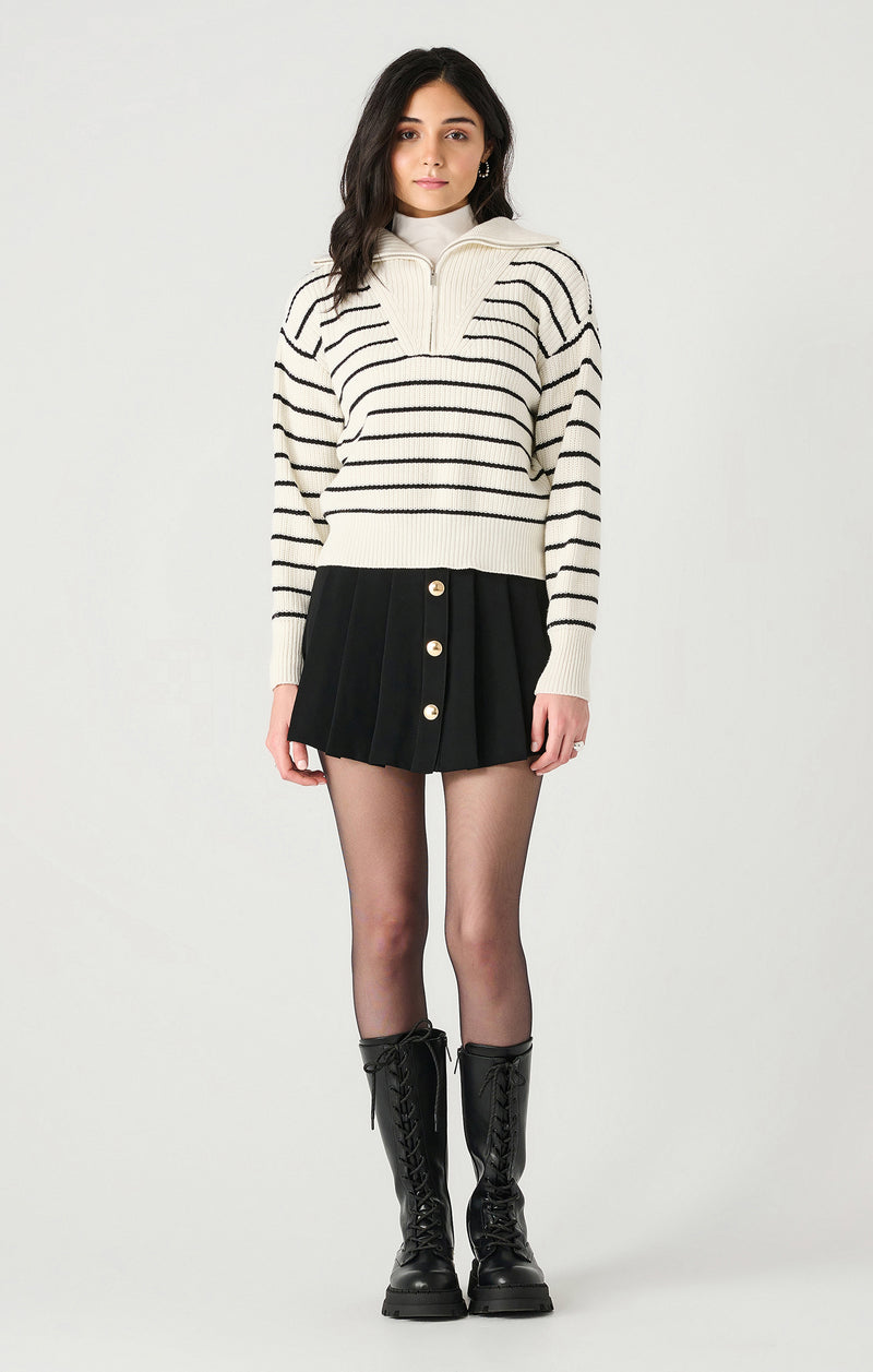 Half Zip Textured Stripe Sweater, White/Black Stripe