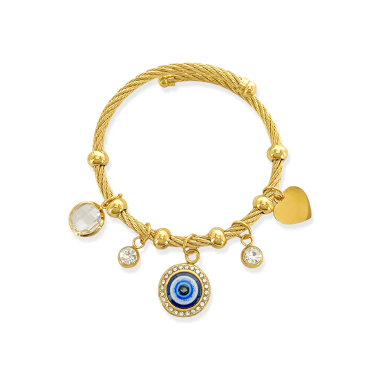 Twisted Cuff Evil Eye Charm Bracelet, Gold