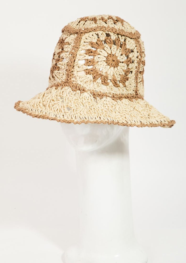 Patterened Straw Bucket Hat, Ivory/Tan
