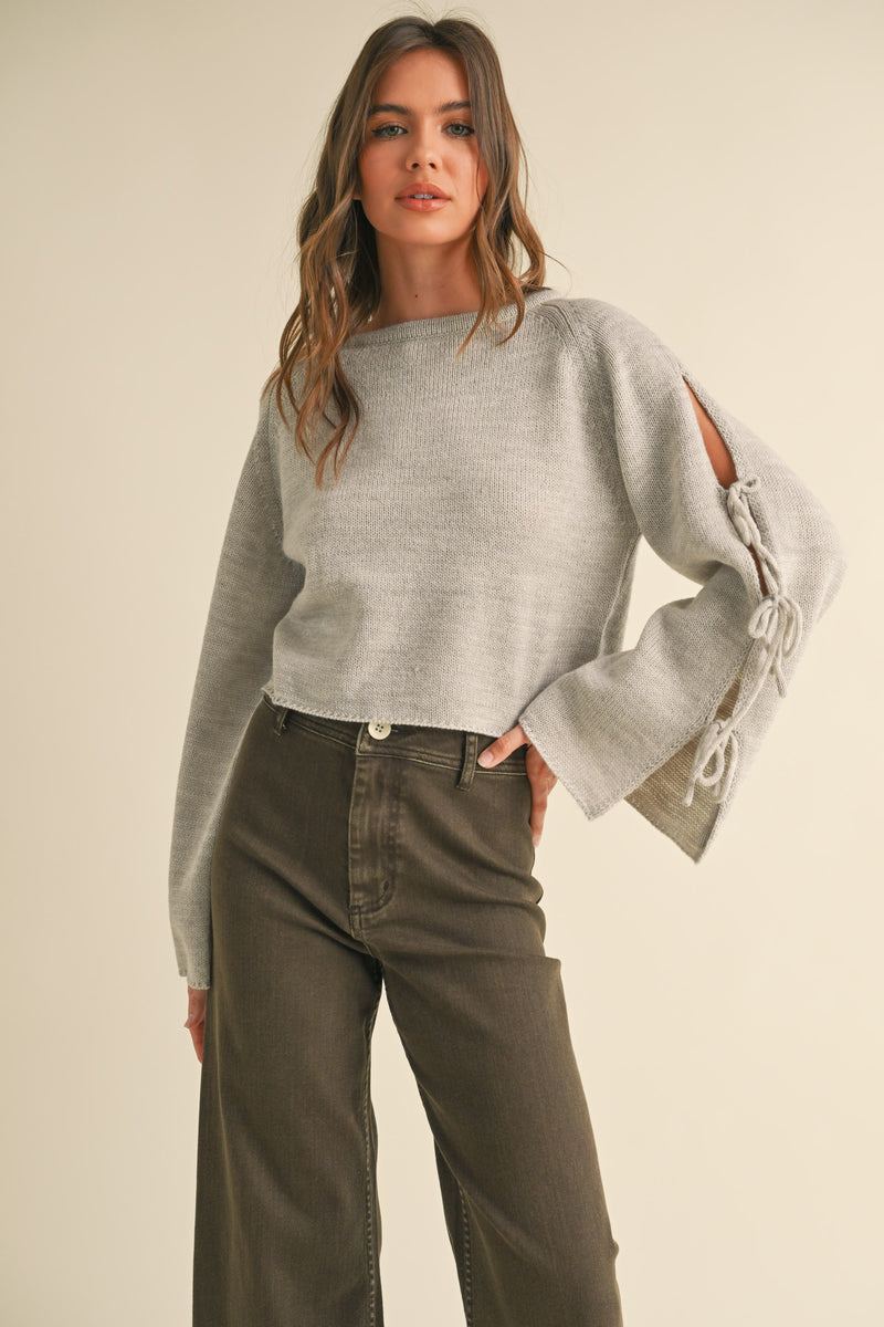 Tie Sleeve Pullover Sweater, Grey