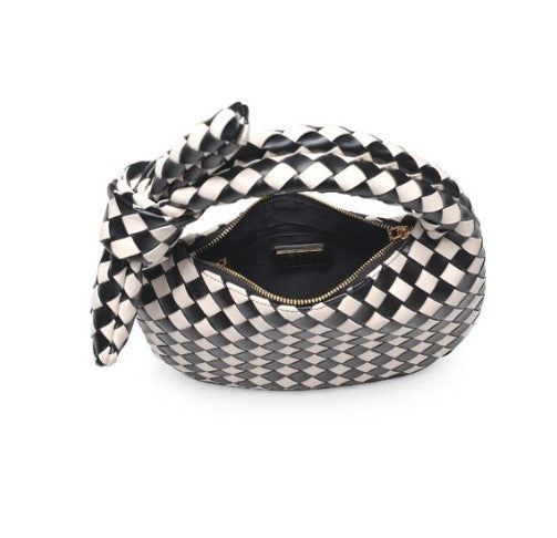 Lizbeth Checkered Tie Handbag, Black/Ivory