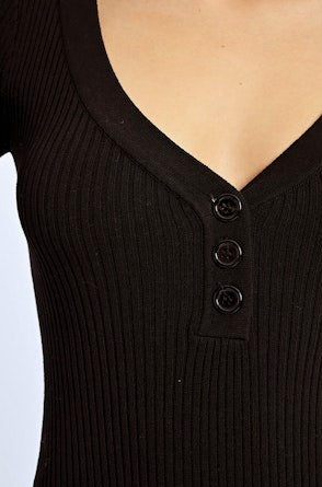 Long Sleeve Button Detail Body Suit, Black