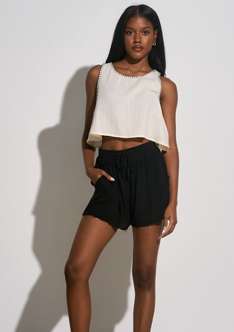 Contrast Stitching Linen cropped tank, off white