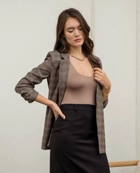 Ruched Sleeve Plaid Blazer, Dark Mocha